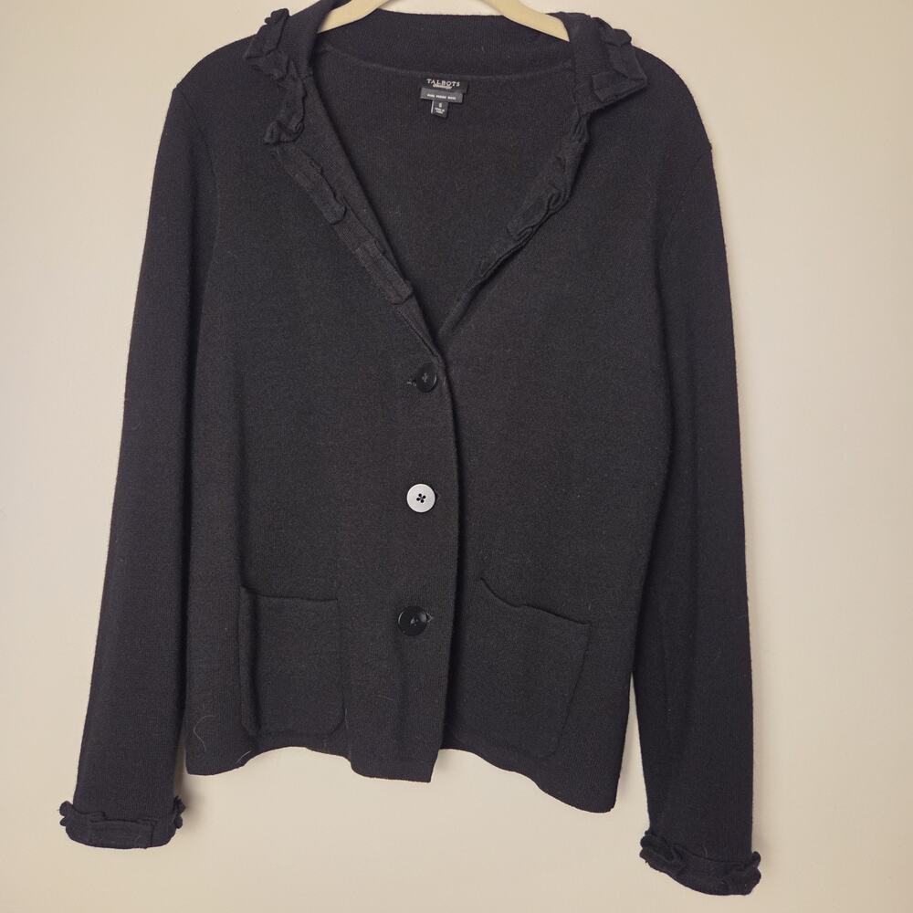 Talbots Pure Merino Wool Cardigan Sweater Black Ruffle Collar Pocket Womens S